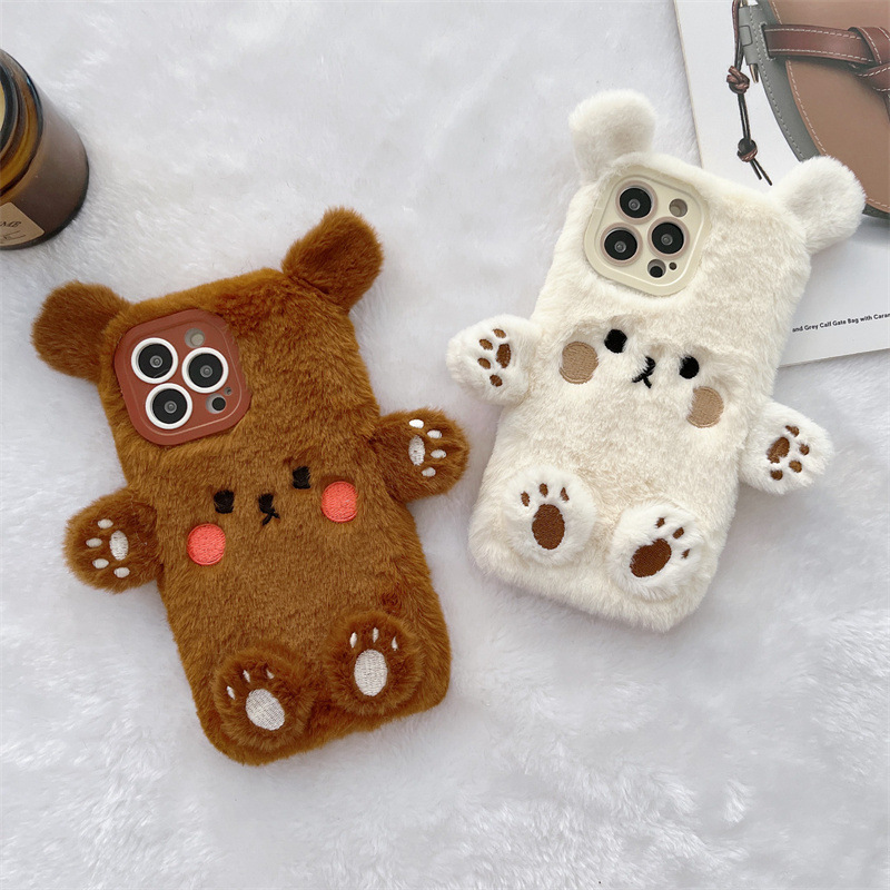 Phone Cases Protective - Korean 3D Cartoon Bear Fluffy Plush