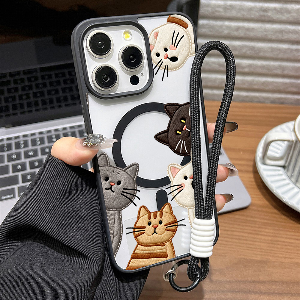 Cute Faux Embroidery Cat Phone - Phone Cases Protective 评论和价格