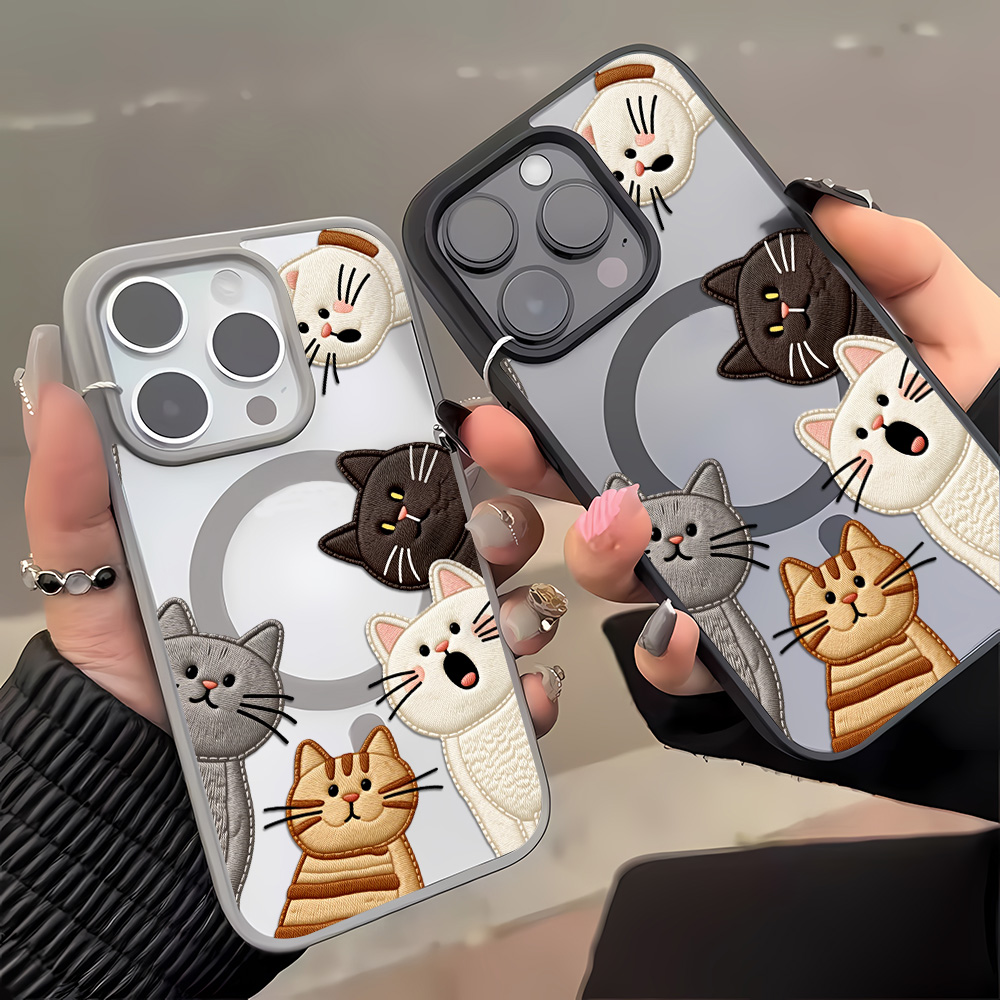 Cute Faux Embroidery Cat Phone - Phone Cases Protective 评论和价格