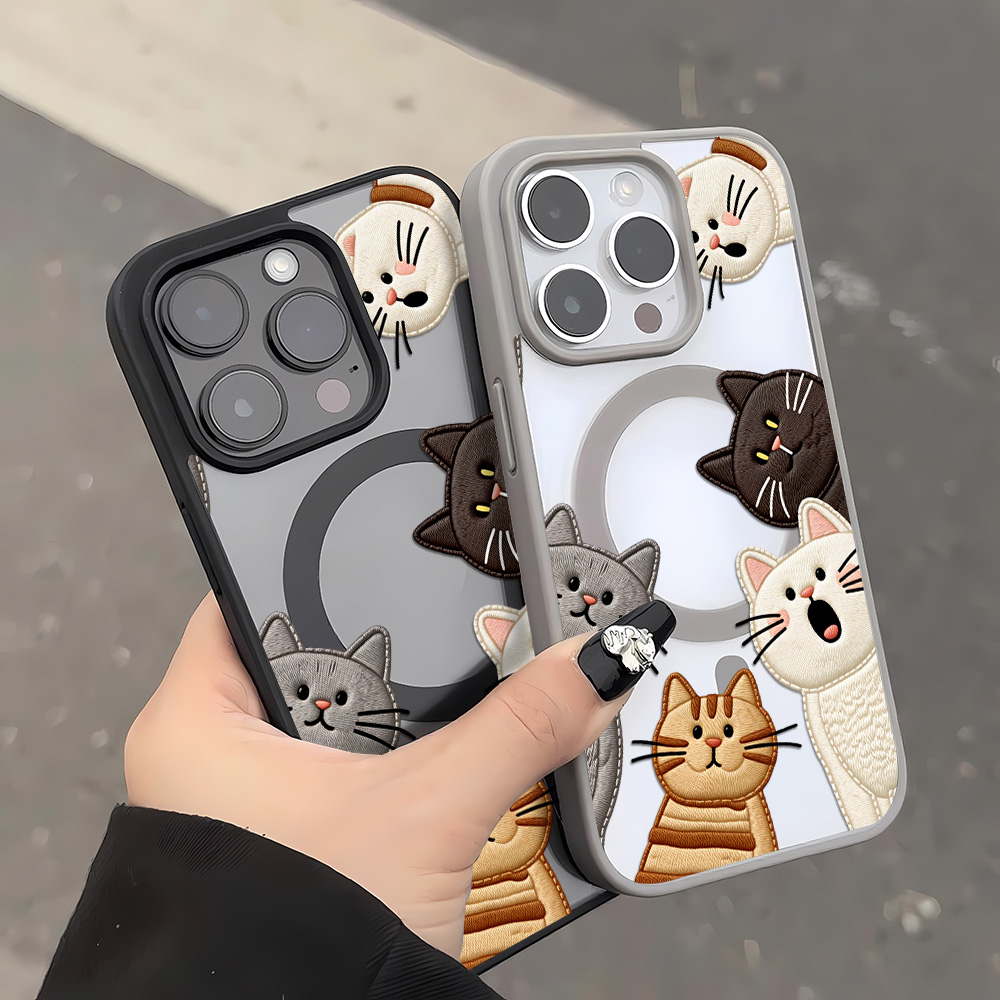 Cute Faux Embroidery Cat Phone - Phone Cases Protective 评论和价格